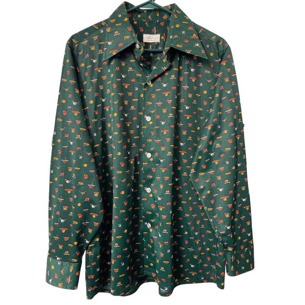 Vintage 70s Sero Shirt Boy Scout Size XL Long Sleeve Button Green Hat Novelty